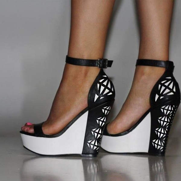 Black and White Wedge Sandals Grid Printed Ankle Strap Sandals for ...