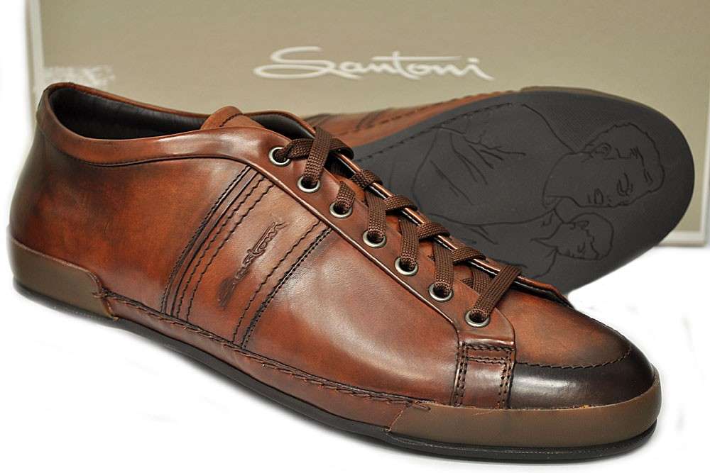 Brand New Santoni Mens Shoes Gloria Calfskin Sneaker Taupe $465