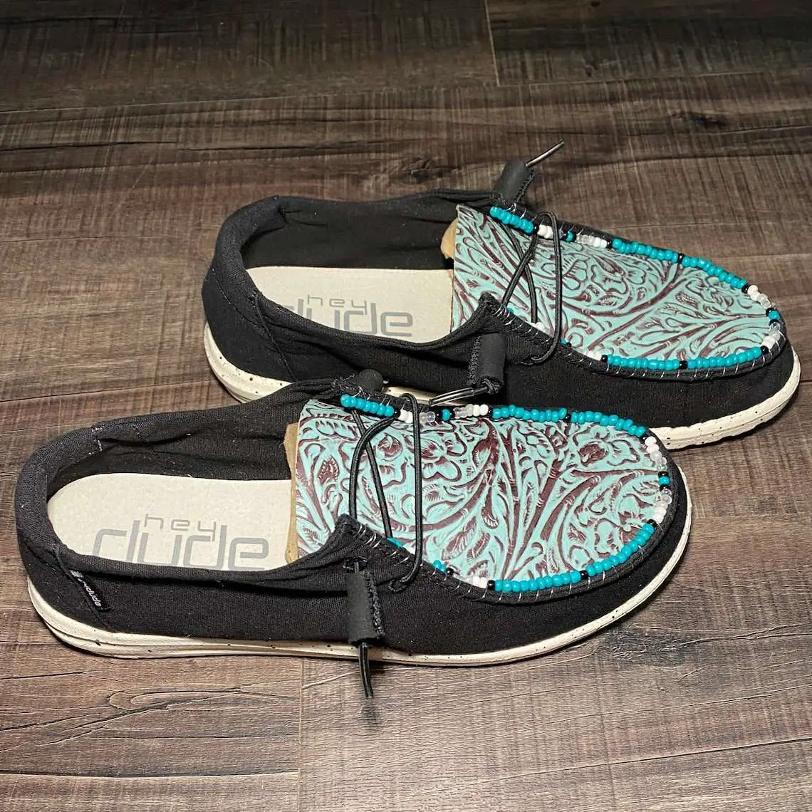 Custom Hey Dude Shoes Beaded Teal Tooled Leather