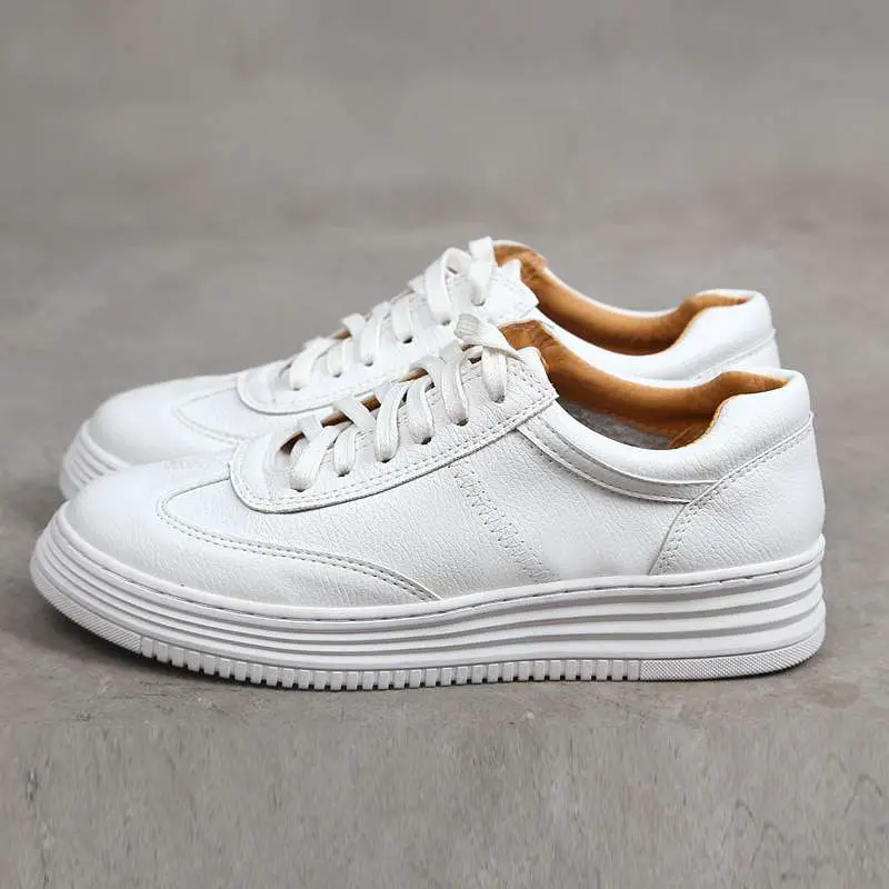 Fashion White Split Leather Women Chunky Sneakers White Shoes Lace Up ...