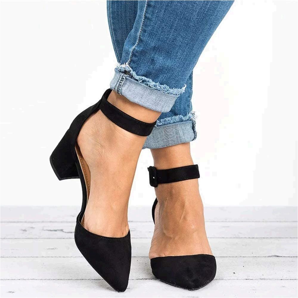 FISACE Womens Low Mid Square Heel Ankle Strap Sandal Office, Black ...