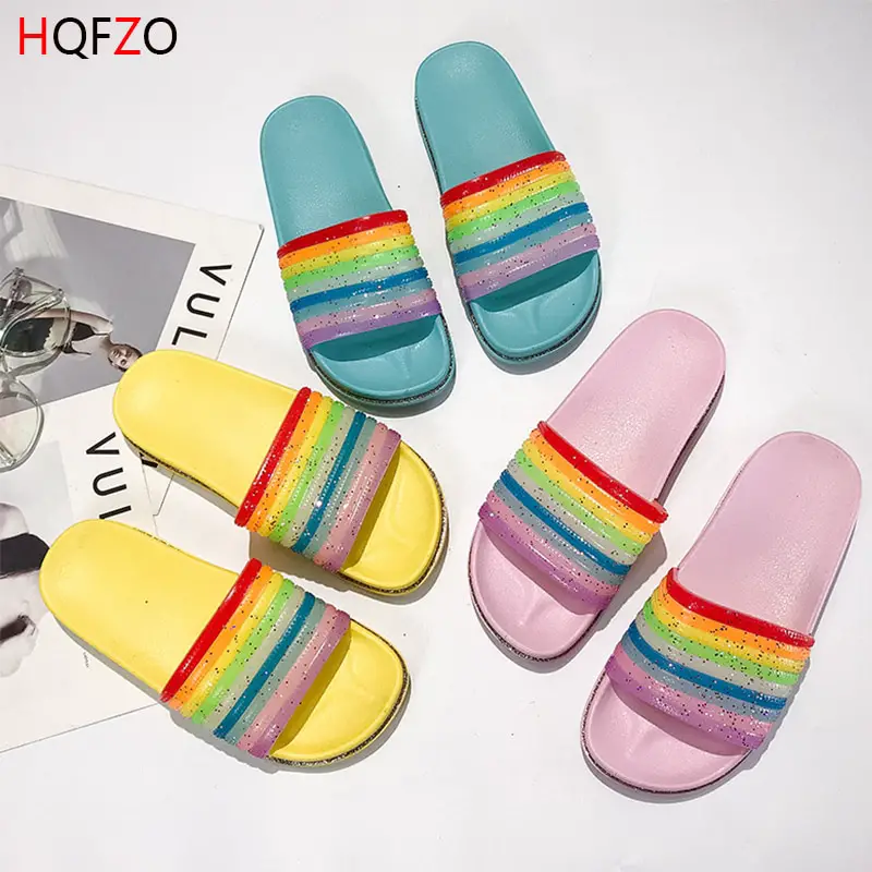 HQFZO Rainbow Women Slippers Home Bling Flip Flops Bathing Non slip ...