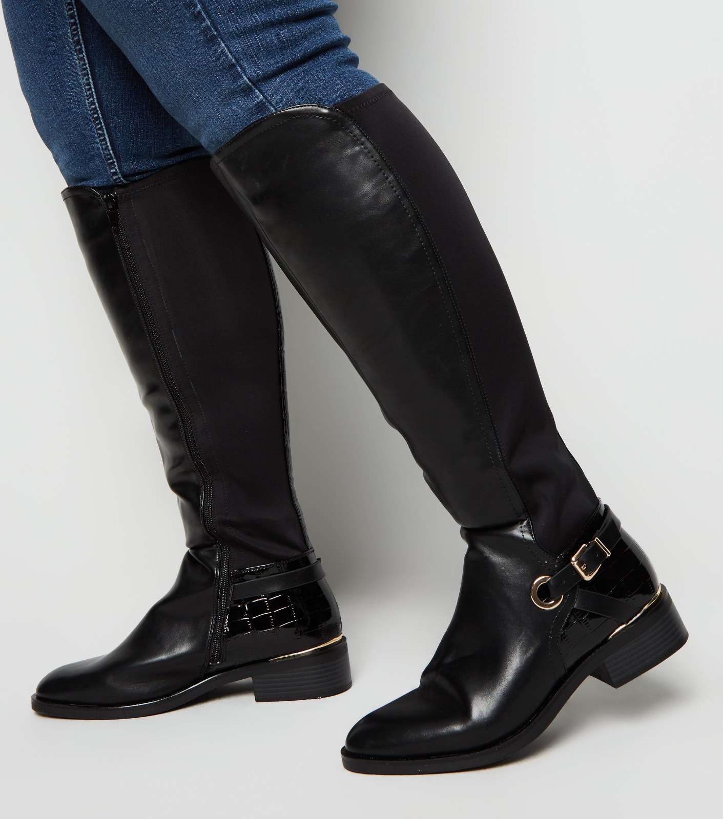 NEW LOOK Ladies Womens Black Flat Knee High Boots Calf Wide Fit Size 4 ...