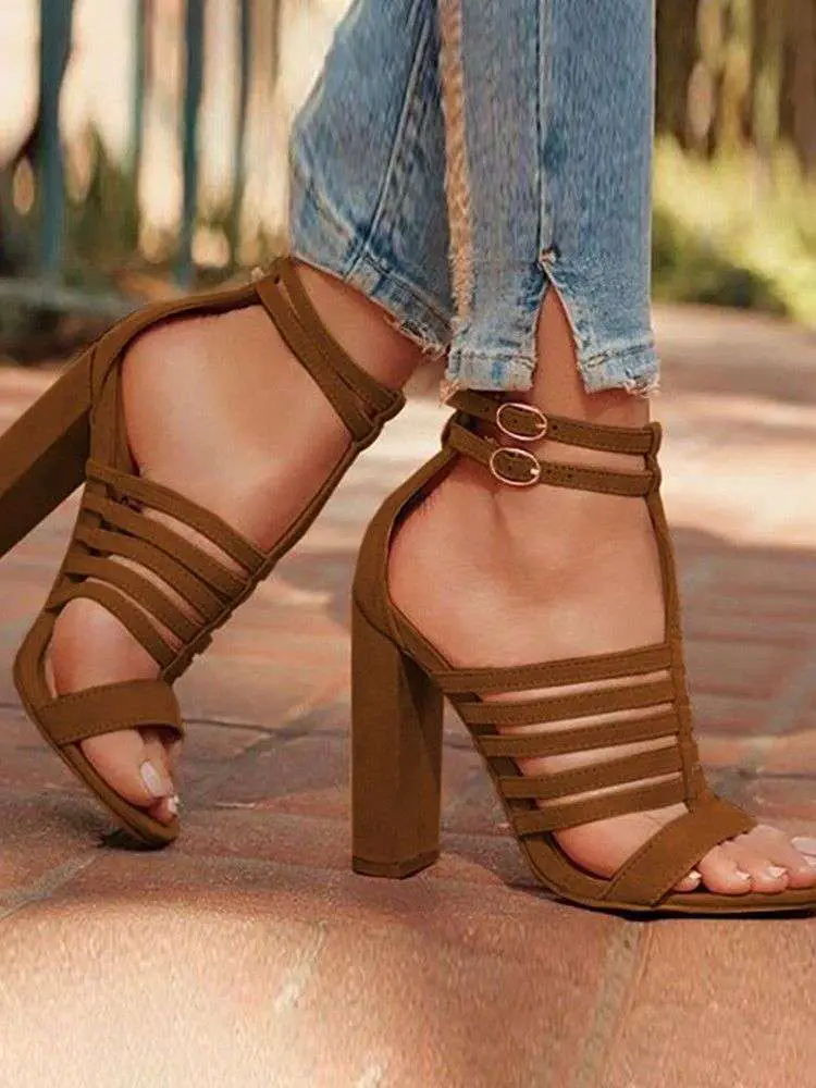 Shop Buckle Design Hollow Out Chunky Heel Sandals right ...