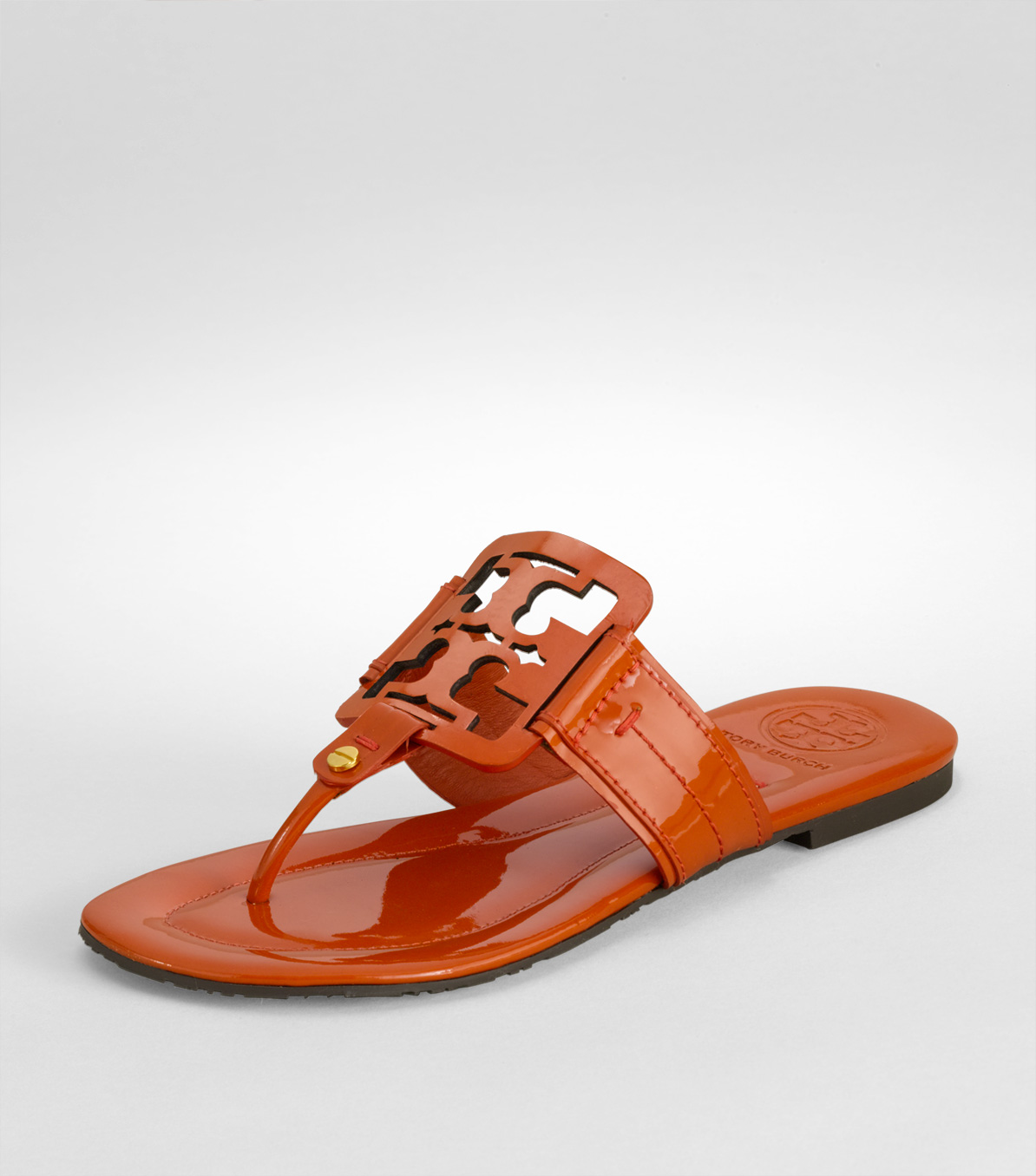 Tory Burch Square Miller Patent Leather Thong Sandals in Orange