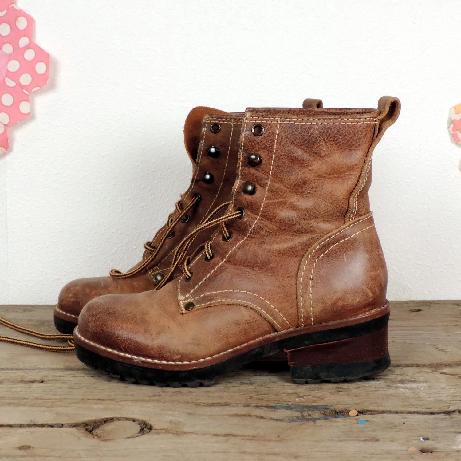 Vintage Distressed Mia Boots/ 90s Brown Leather Heeled Lace Up Boots ...
