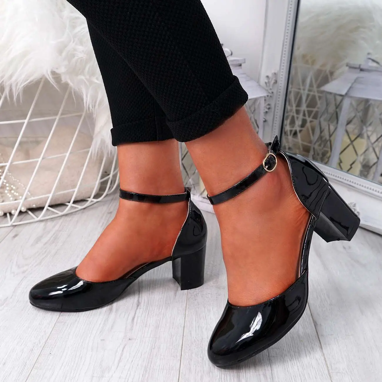 WOMENS LADIES ANKLE STRAP MID BLOCK HEEL PUMPS PATENT COMFY WORK SHOES ...